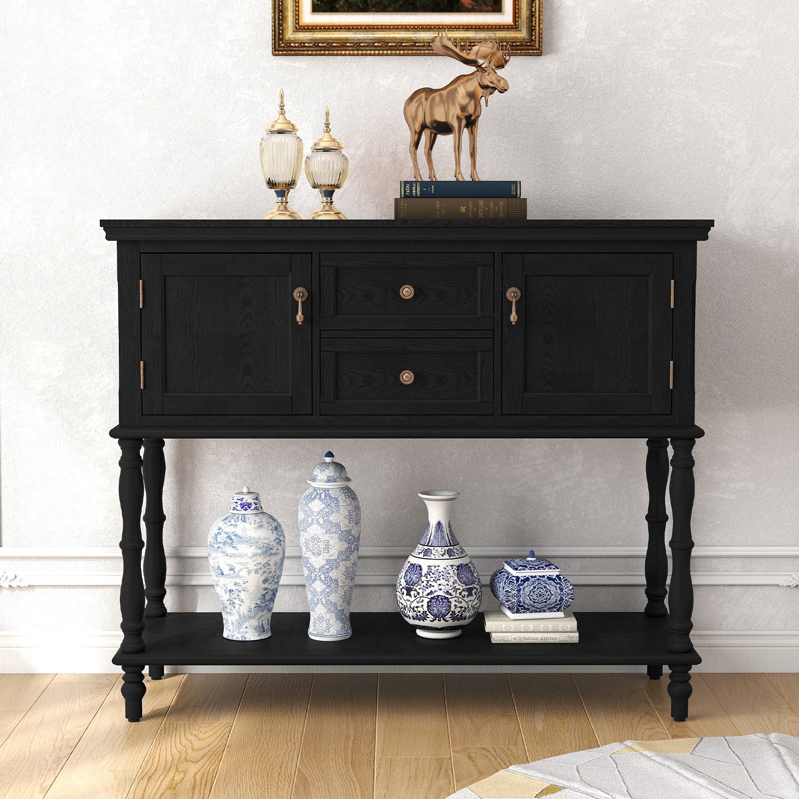 Retro Console Table With Storage, Narrow Entryway Table With 2 Drawers And 2 Door Cabinets, Long Sofa Table Behind Couch For Living Room, Foyer, Black_maomaolike.com